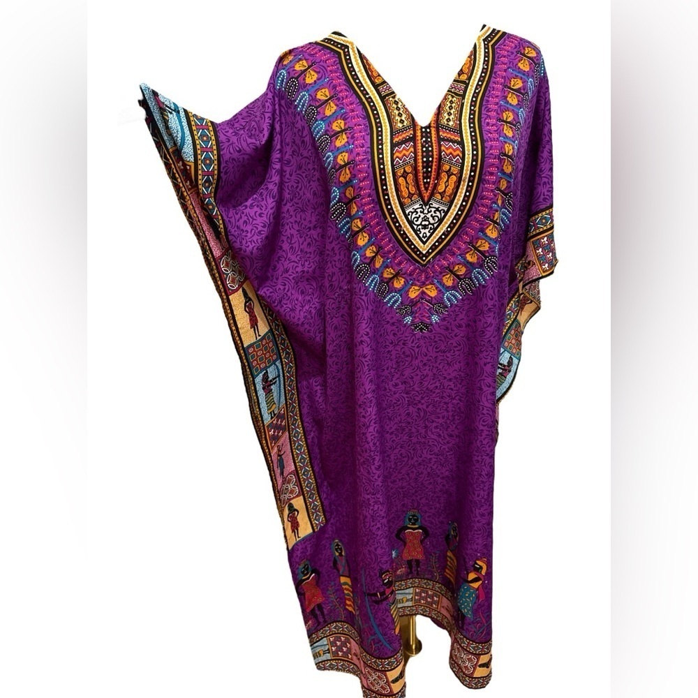 80s 2PCs KAFTANS 1 PURPLE WHIMSICAL DASHIKI EGYPTIAN 1 GREEN PAISLEY PRINT M - Picture 2 of 8
